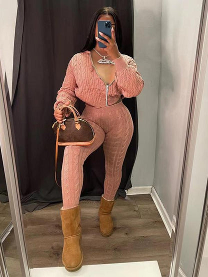 Women's Minimalist Textured Long Sleeve Crop Hooded Sweater & High Waist Skinny Pants Set, Casual Cozy Lady Knitwear Outfits Suits, Basic Womenswear - Seldom Seen Styles