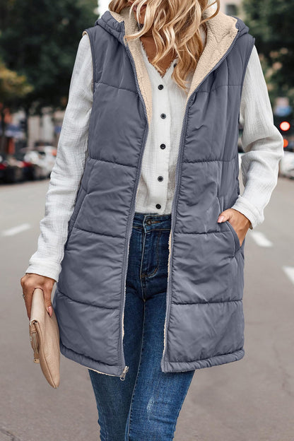 Women's Warm Reversible Vests Sleeveless Fleece Basic Jacket Zip Up Coat Long Outerwear With Pockets And Hoodie Casual Outfit#Hoodieing - Seldom Seen Styles