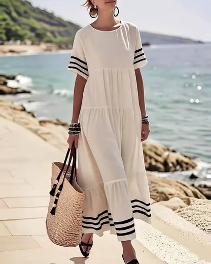 Summer Crew Neck Black Striped Loose A Line Sundress for Women with Short Sleeves Flowy Beach Patchwork Maxi Dresses - Seldom Seen Styles
