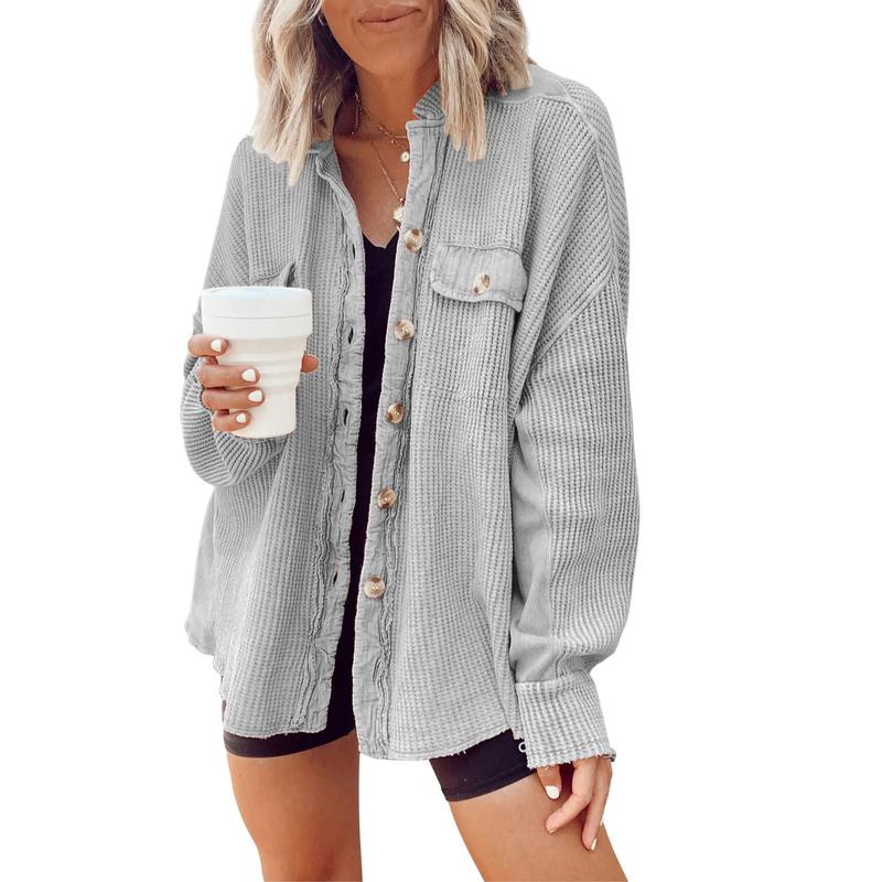 Women's Loose Fit Batwing Sleeve Waffle Knit Button Down Shirt Shacket Tops - Seldom Seen Styles
