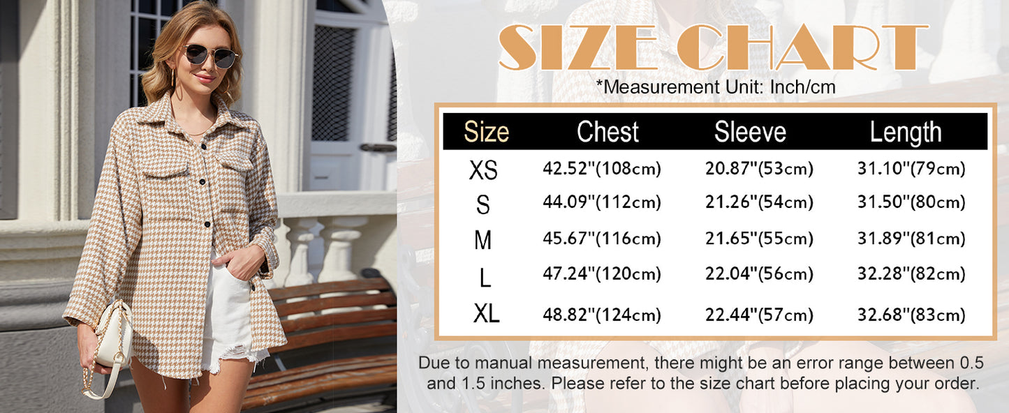 Plaid Jacket Women Casual Houndstooth Jacket Flannel Shacket Loose Long Sleeve Shirt Button Down Shacket with Pockets