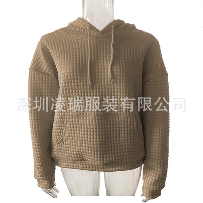 Womens Hoodies Casual Long Sleeve Drawstring Waffle Pullover Tops Loose Hooded Sweatshirt with Pocket - Seldom Seen Styles