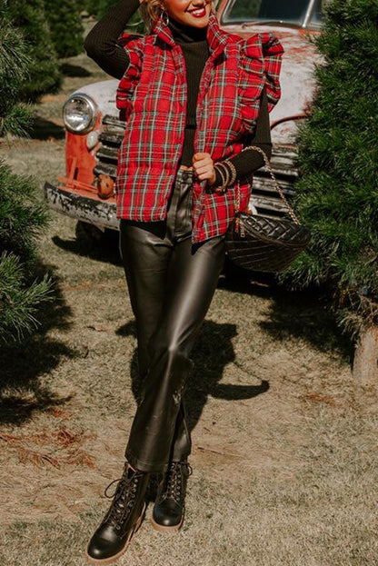 Womens Plaid Puffer Vests Ruffle Sleeveless Lightweight Quilted Vest Fall Winter Padded Gilets Coats