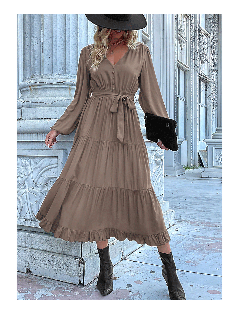 Women's Spring Dresses 2025 Long Sleeve V Neck Button Down Belted A-Line Flowy Ruffle Maxi Shirt Dress Pockets