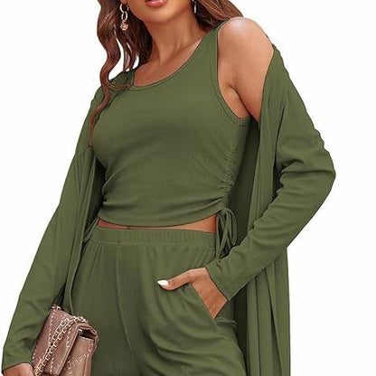 Cozy New  Women's 3 Piece Knit Lounge Set Long Sleeve Cardigan Sleeveless Top Pants Sweatsuit S-XXL - Seldom Seen Styles