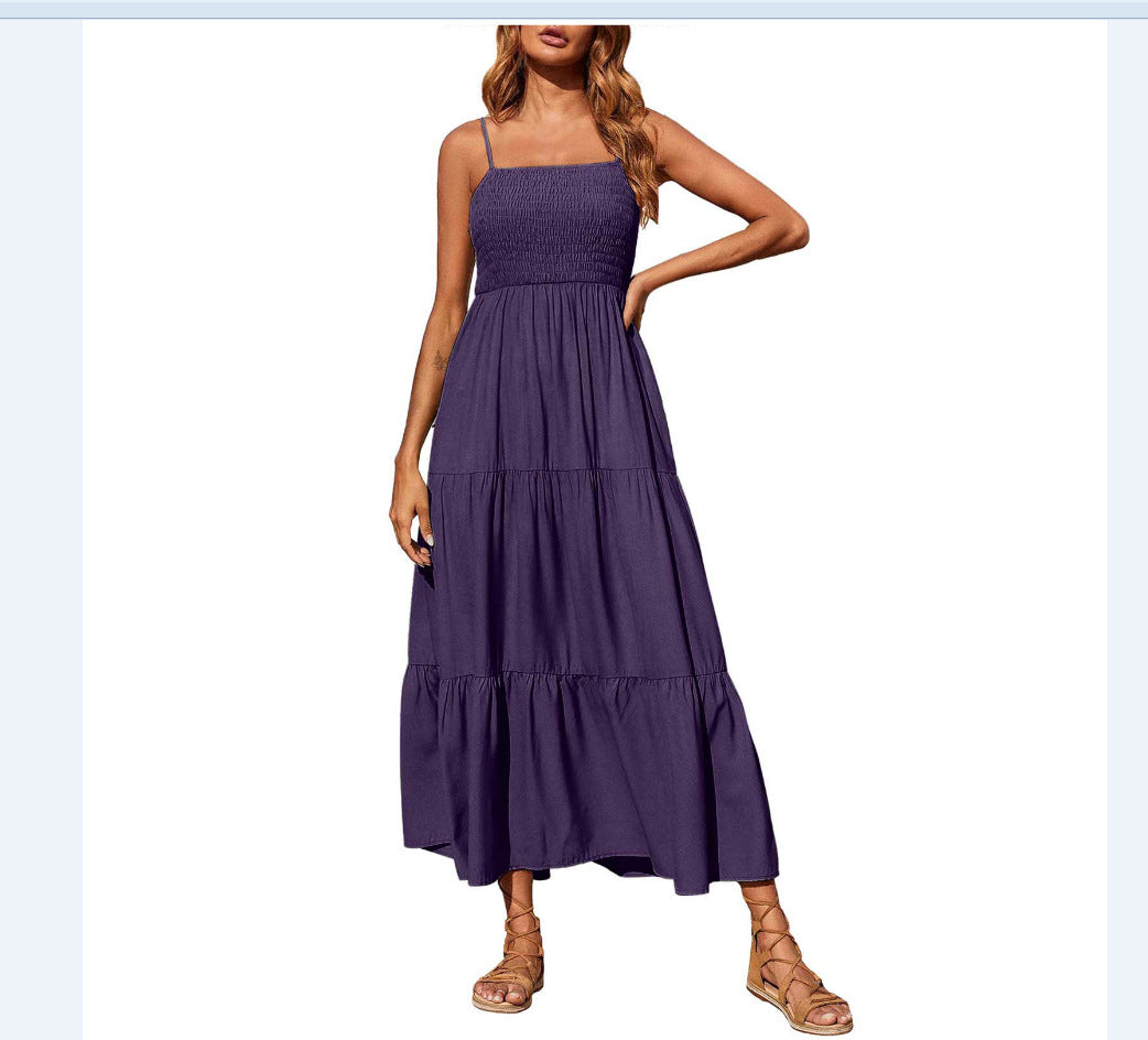 Women's Summer Midi Dress 2025 Casual Boho Sleeveless Spaghetti Strap Smocked Tiered Long Beach Sundresses