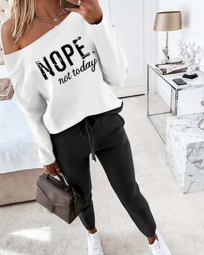 Women's 2 Piece Outfit Nope Not Today Print Skew Neck Long Sleeve Pullover Top with Stretchy Waist Long Pants Tracksuit Jogger Set - Seldom Seen Styles