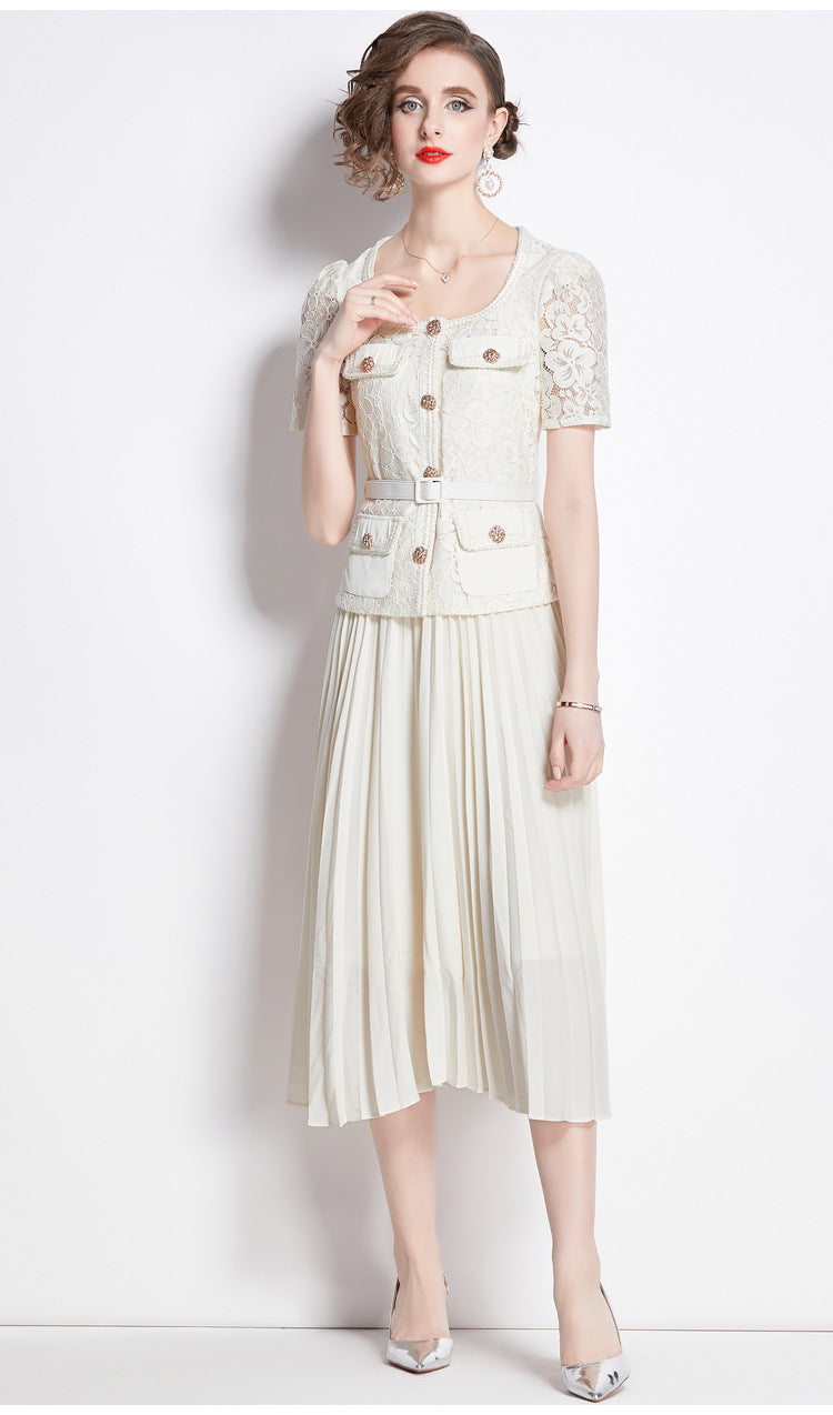 Bella Lace Patchwork Pleated Midi Dress  Patchwork Mid-Length Pleated Dress