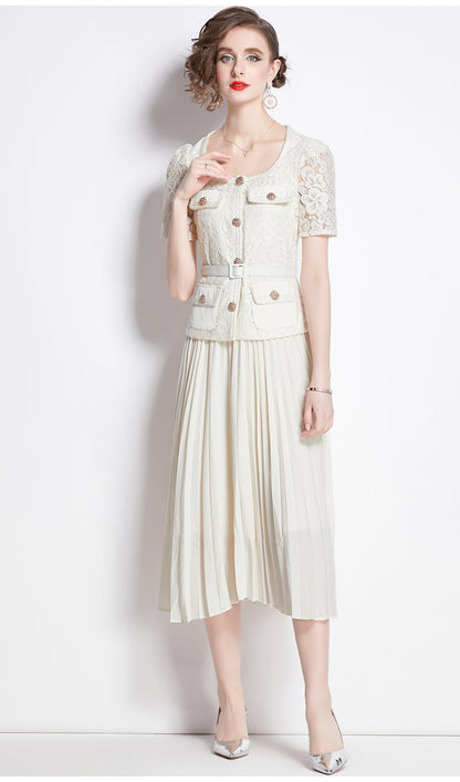 Bella Lace Patchwork Pleated Midi Dress  Patchwork Mid-Length Pleated Dress