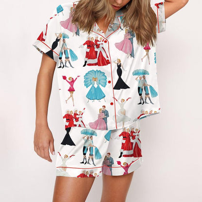 White Christmas Satin Pajama Set For Women Print Comfy Satin Sleepwear & Loungewear Pjs Printing Short Sleeve Top & Shorts - SHESHOW - Seldom Seen Styles