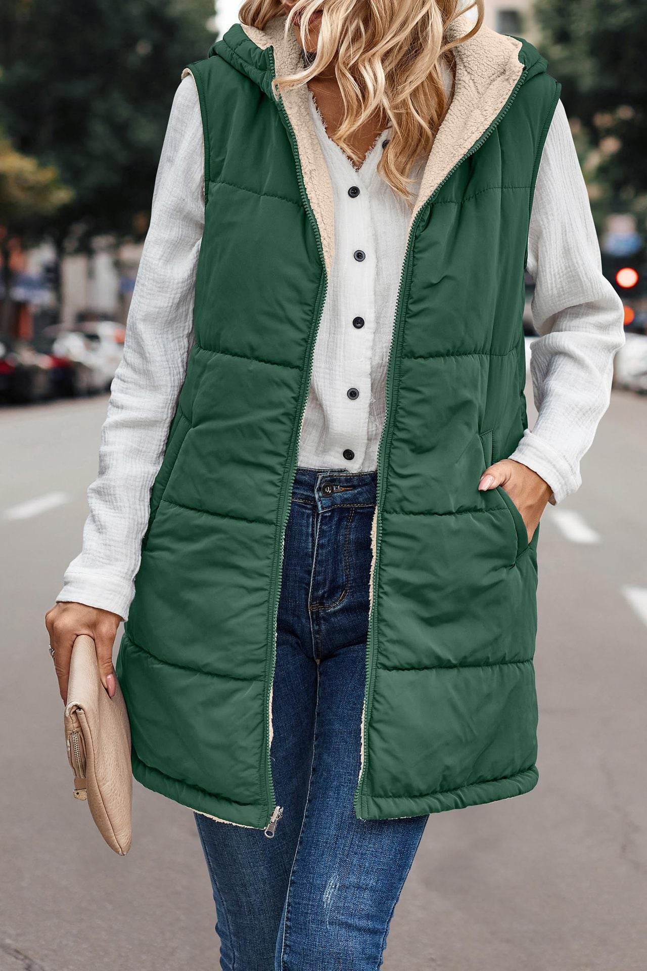 Women's Warm Reversible Vests Sleeveless Fleece Basic Jacket Zip Up Coat Long Outerwear With Pockets And Hoodie Casual Outfit#Hoodieing - Seldom Seen Styles