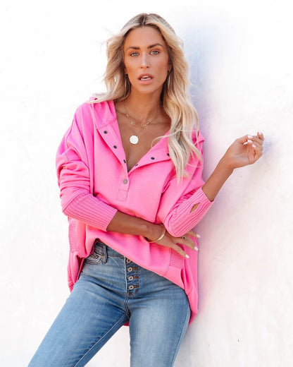 Women's Casual Oversized Sweatshirts Hoodies Button V Neck Long Sleeve Cotton Henley Pullover Hooded Tops 2025 Womenswear Winter Outfits Clothes