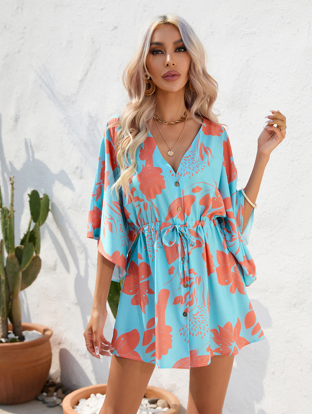 Floral summer dress everyday casual dresses with sleeves Print Five-Quarter Sleeve Dress