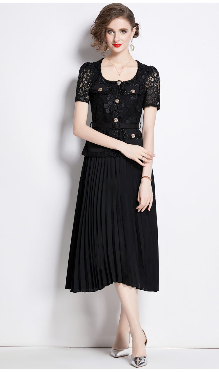 Bella Lace Patchwork Pleated Midi Dress  Patchwork Mid-Length Pleated Dress