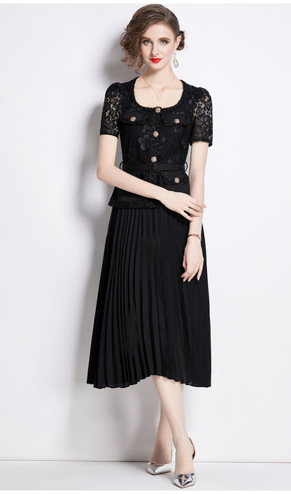 Bella Lace Patchwork Pleated Midi Dress  Patchwork Mid-Length Pleated Dress