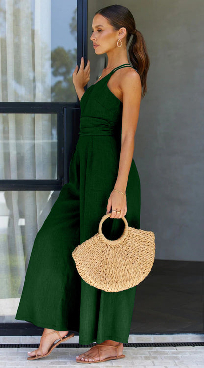 Women's Summer Straps One Shoulder High Waist Dressy Casual Wide Leg Linen Jumpsuit Romper Beach Travel Outfits