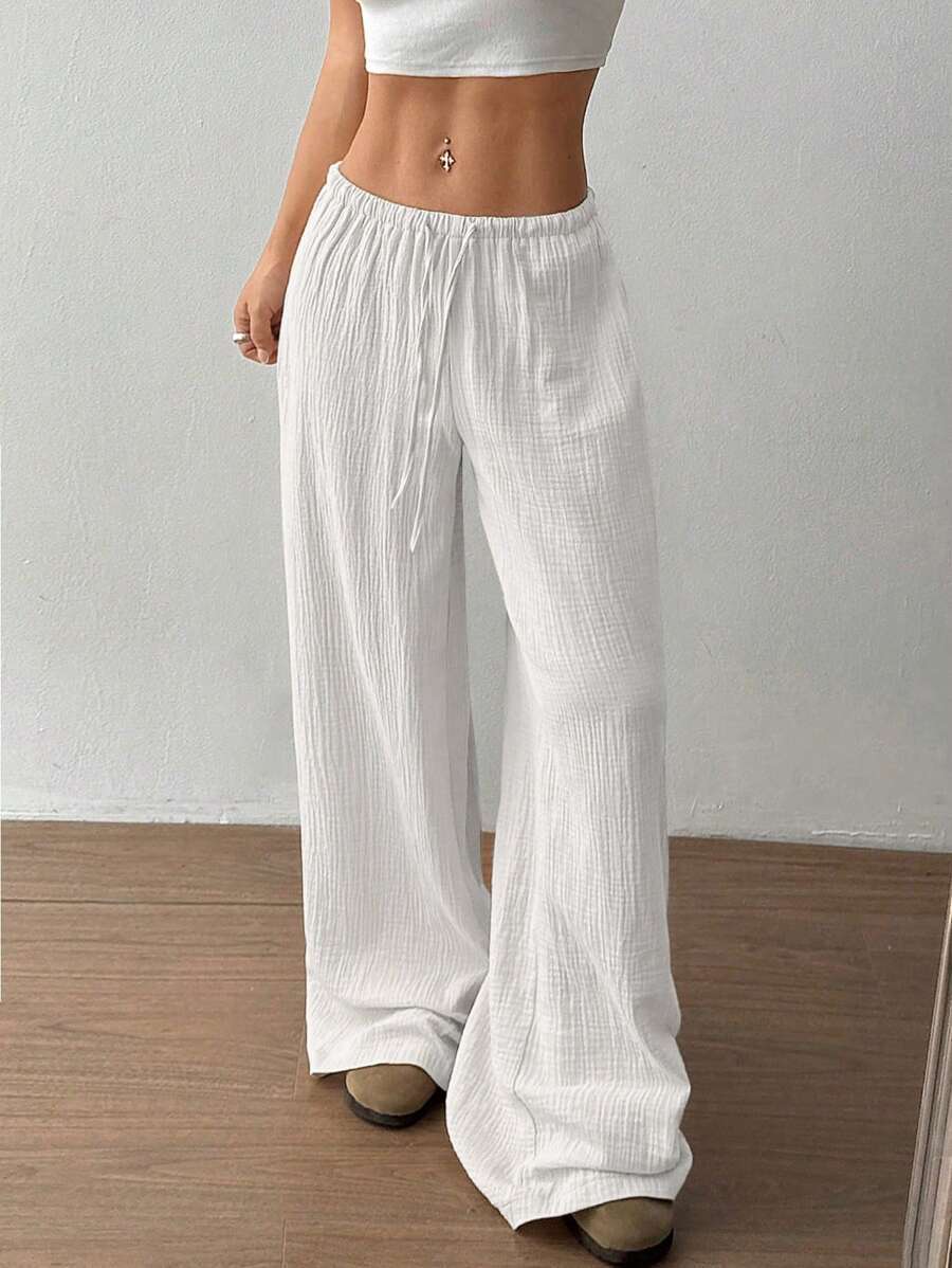 Womens Cotton Linen Palazzo Pants Drawstring Elastic Waist Casual Wide Leg Trousers with Pockets - Seldom Seen Styles