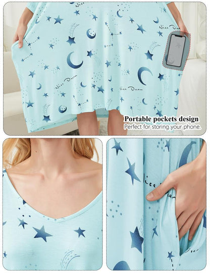 Plus Size Nightgown for Women V-Neck Sleep  Dress Pjs Lounge Short Sleeves Sleepwear With Pocket Fit S-5XL Pajamas Elastic Loungewear Breathable Fabric - Seldom Seen Styles
