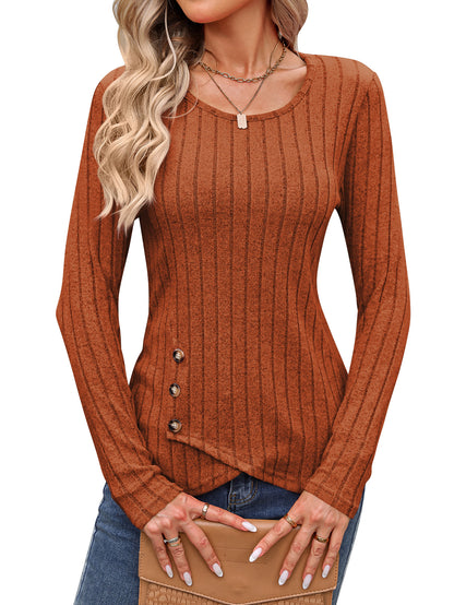 Sweaters for Women Fashion Long Sleeve Tops Button Pullover Crew Neck Casual Loose Slit Sweatshirt - Seldom Seen Styles