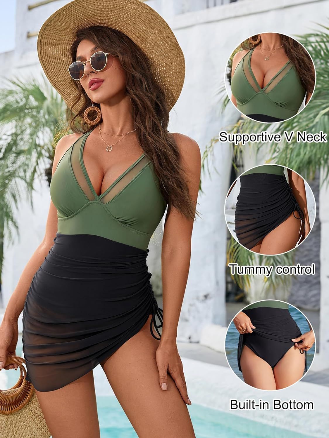 Women Mesh One Piece Swim Dress Swimsuit Tummy Control Bathing Suit