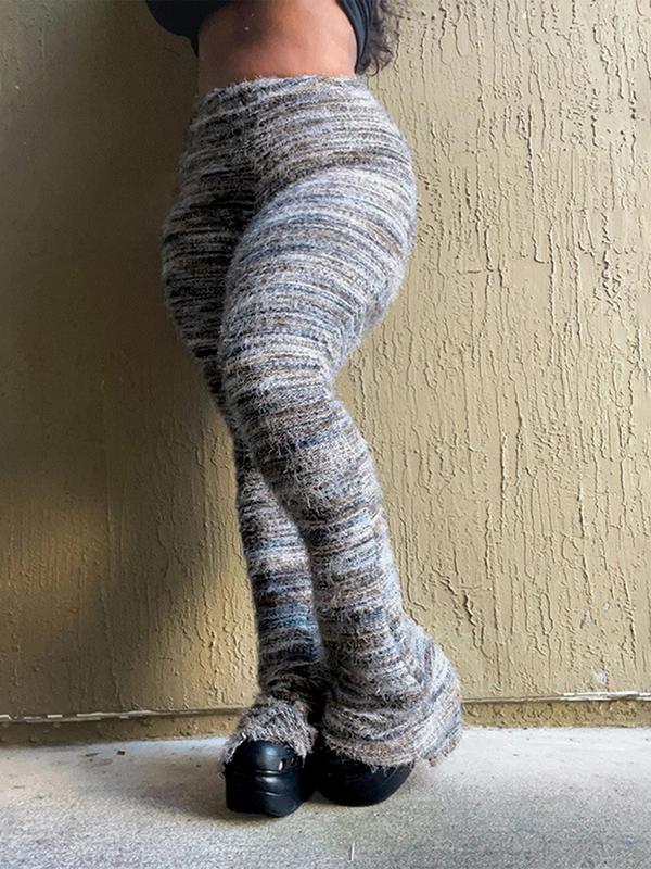 Women's Striped Print Flare Leg Fuzzy Sweater Pants, Casual Street Comfy Knit Bell Bottom Trousers For Fall & Winter, Women's Knitwear For Daily Wear - Seldom Seen Styles