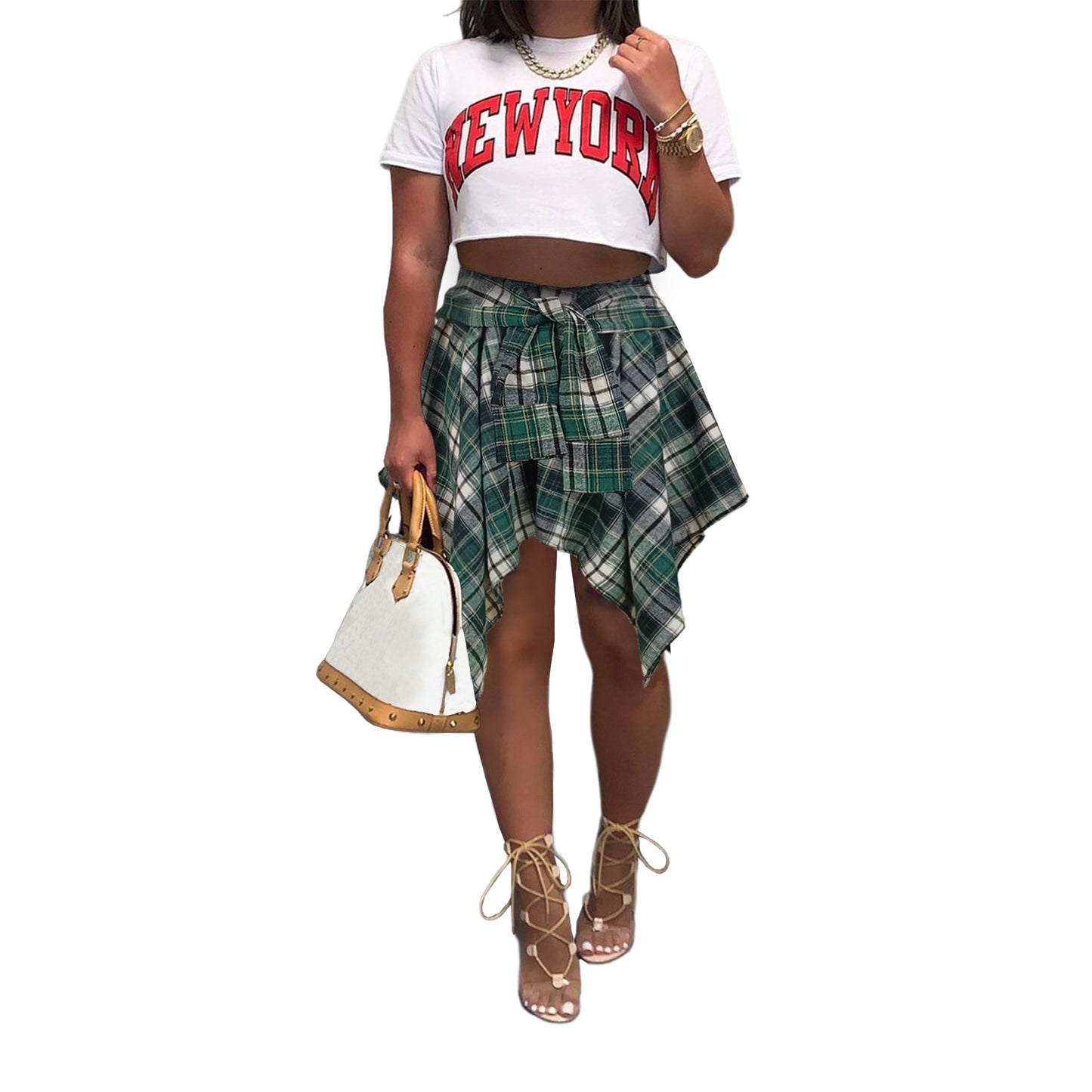 Women's Fashion Style Plaid Print Asymmetrical Hem High Waist Skirt, Casual Comfort Elastic Waist Tiered Layer Knee Length Skirt for Summer Going Out Streetwear, Fashionable Trendy Plaid Skirt, Womenswear Everyday Bottom - Seldom Seen Styles