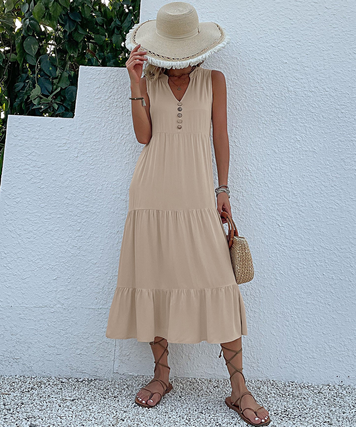 Summer Flowy Maxi Dress with Pockets Sleeveless Loose Casual Sundress V-Neck Tiered Sun Dress for Beach Cruise Vacations