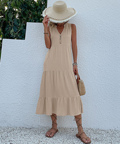 Summer Flowy Maxi Dress with Pockets Sleeveless Loose Casual Sundress V-Neck Tiered Sun Dress for Beach Cruise Vacations