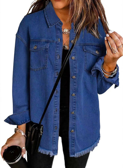 Jean Jackets for Women Ripped Fringe Denim Jean Jacket Casual Long Sleeve Pockets Jackets Coat Fabric Fashion Womenswear Soft – Back to School Outfit Idea - Seldom Seen Styles
