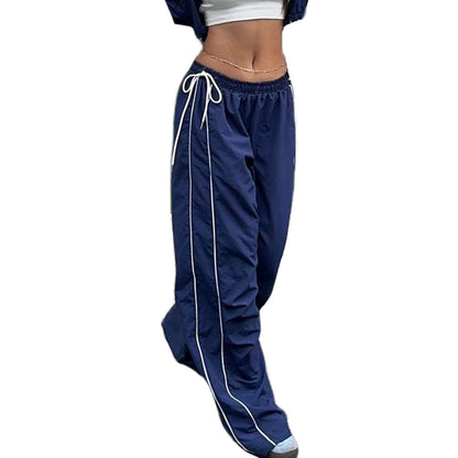 Women's Baggy Wide Leg Pants Casual Drawstring Elastic Waisted Contrast Color Workout Y2K Track Pants - Seldom Seen Styles