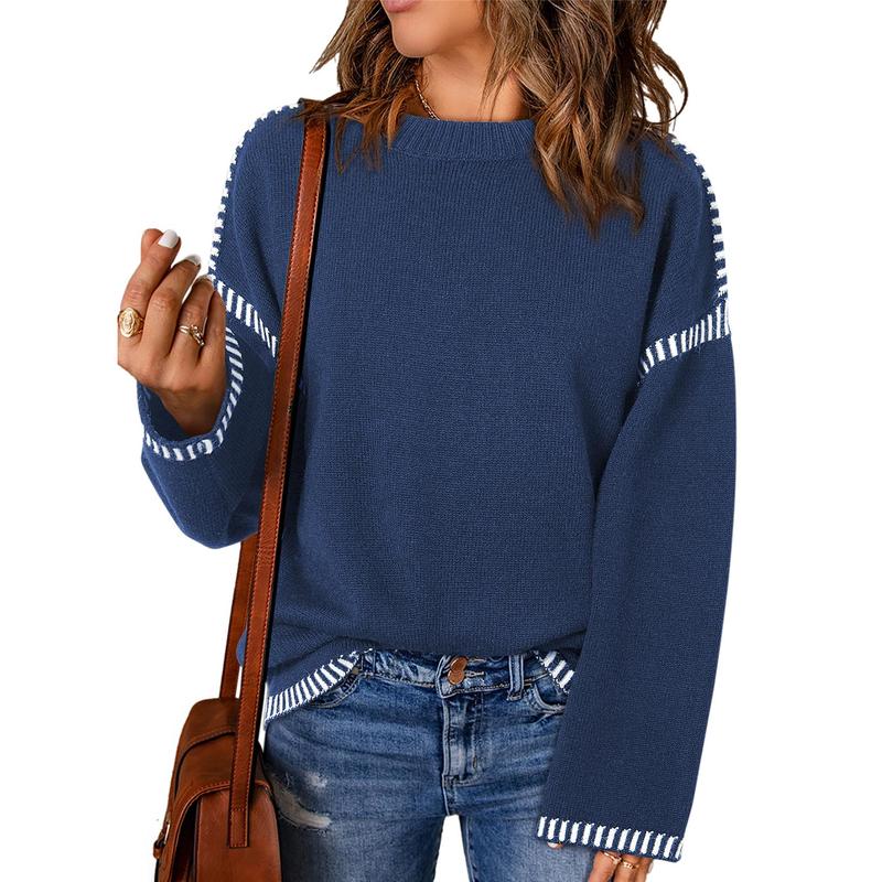 Sweaters for Women Fashion Solid Crewneck Loose Fit Long Sleeve Contrast Cable Knit Pullover Sweater Jumper Tops Knitwear Womenswear Knitwear Womenswear - Seldom Seen Styles