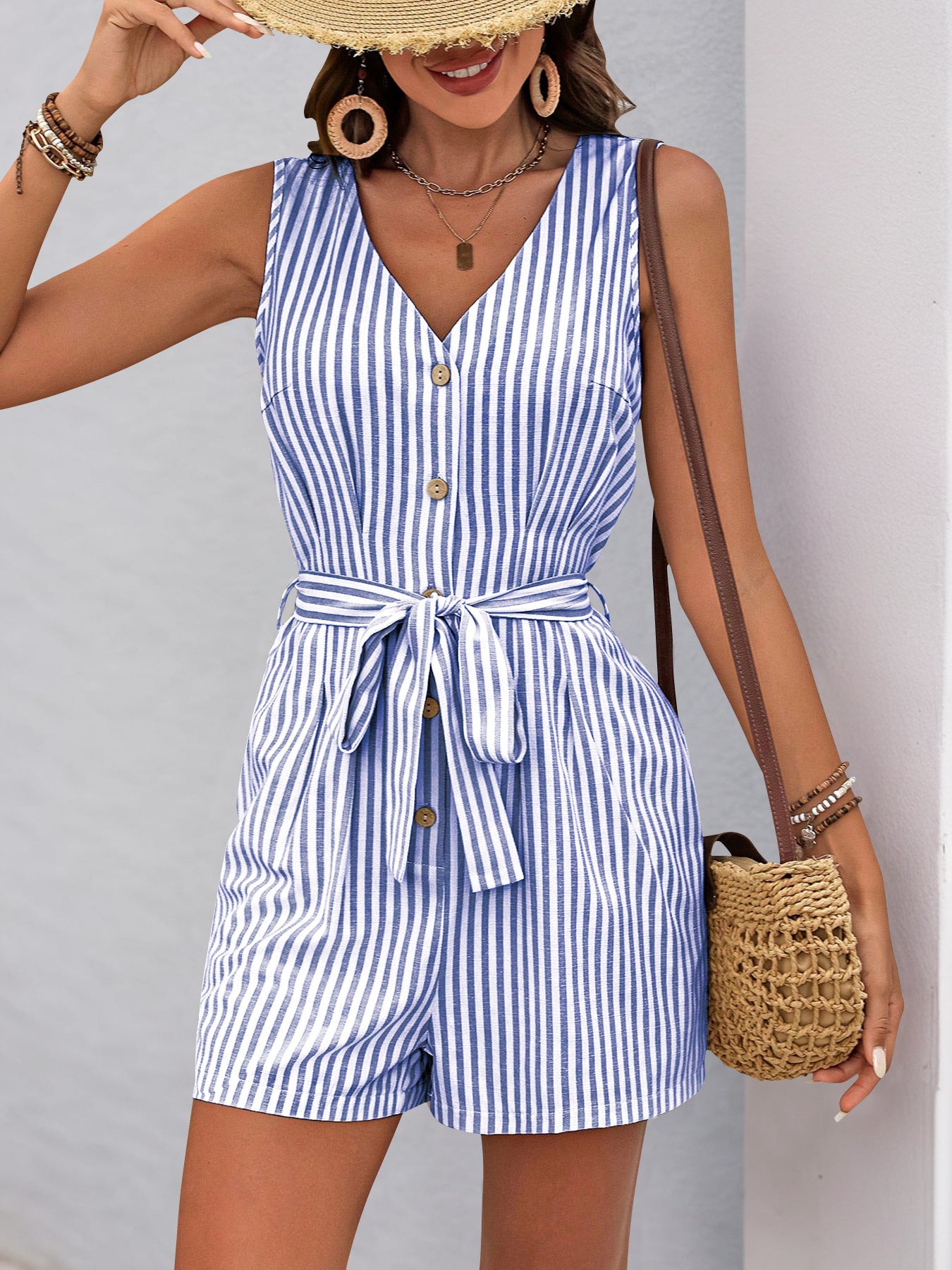 Women's Romper Woven V Neck Sleeveless Waist Tie Wide Leg Stripes Belted Jumpsuit Outfit Casual Dressy