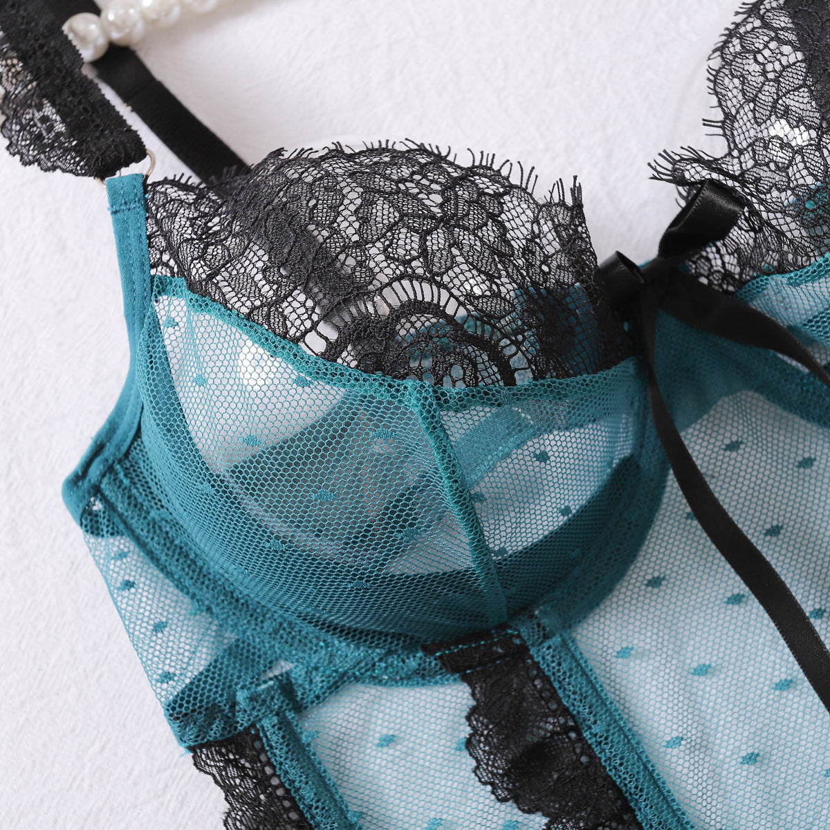 Sexy Color-Block Mesh See-Through Lingerie Hollow Out Backless No-Remove Temptation Erotic Bodysuit with Underwire