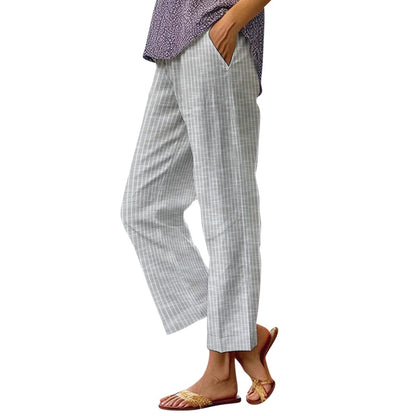 Women's Linen Pants, Side Stripe, Elastic Waist, Straight Leg, Summer Beach Vacation - Seldom Seen Styles