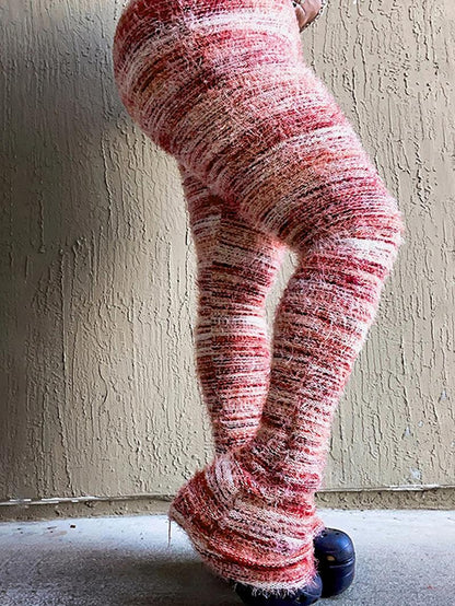 Women's Striped Print Flare Leg Fuzzy Sweater Pants, Casual Street Comfy Knit Bell Bottom Trousers For Fall & Winter, Women's Knitwear For Daily Wear - Seldom Seen Styles
