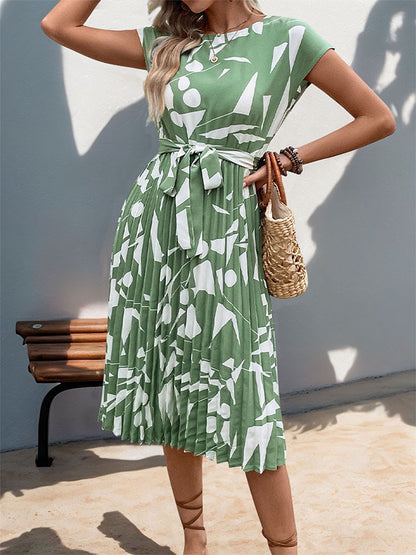 Floral Dress for Women Wedding Guest Crewneck Short Sleeve Casual Summer Dress Tie Waist Midi Flowy Boho Beach Dresses
