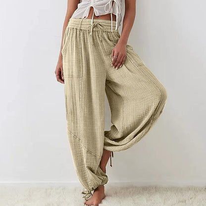 Womens Casual Loose Fit Wide Leg Cotton Pants Drawstring Stitching Baggy Pants Trousers with Pockets - Seldom Seen Styles