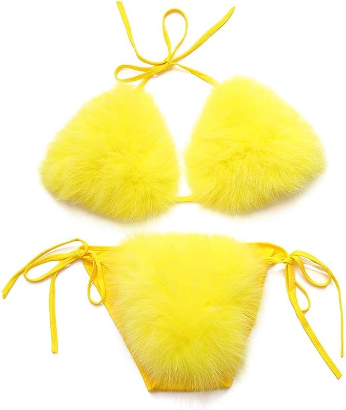 Women's Faux Fur Halter String Triangle Bikini Sets Two Piece Swimsuits - Seldom Seen Styles
