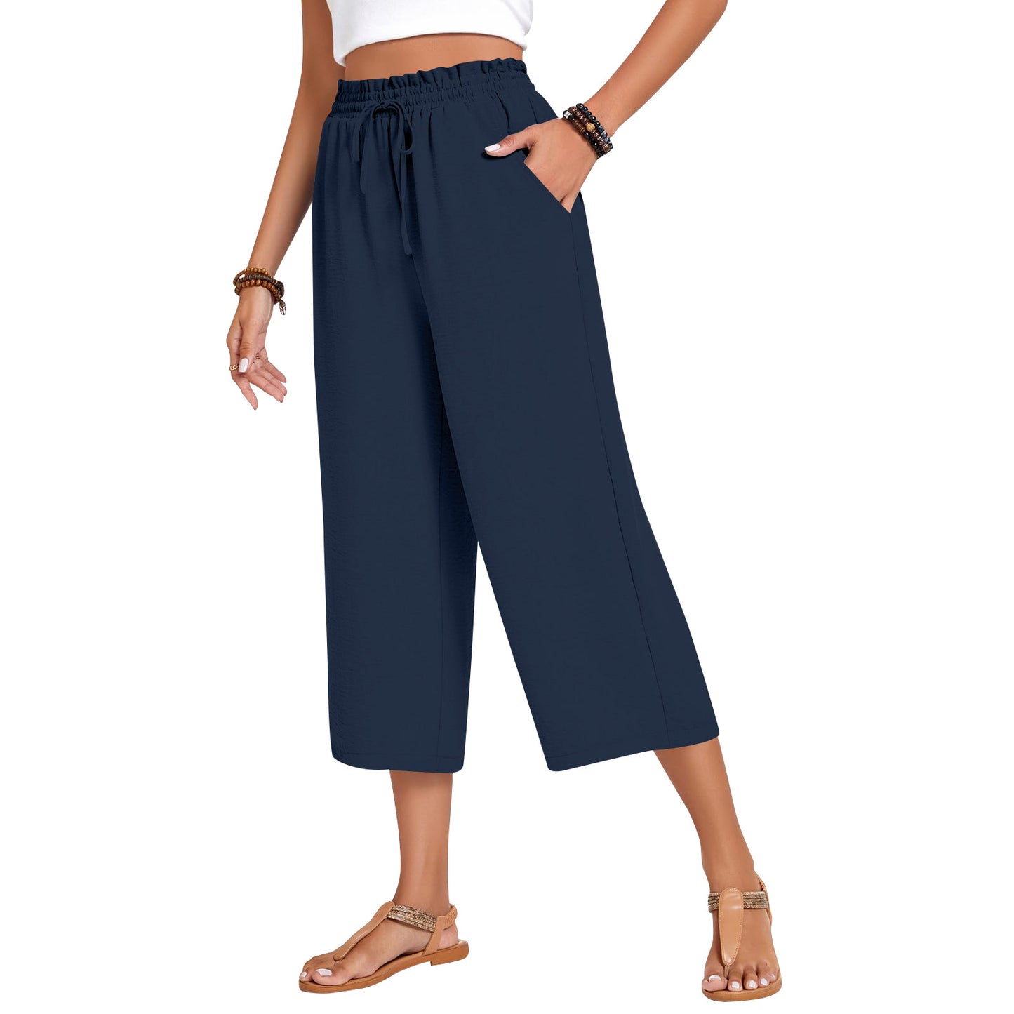 Women's Capri Pants Drawstring Casual Palazzo Trousers with Pockets Loose High Waisted Wide Leg Lounge Pants - Seldom Seen Styles