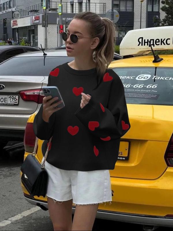 Women's Spring Heart Print Long Sleeve Crewneck Knitting Jumper, Comfort Round Neck Sweater for Daily Streetwear,  Tiktop Shop, Lady's Top for Spring - Seldom Seen Styles