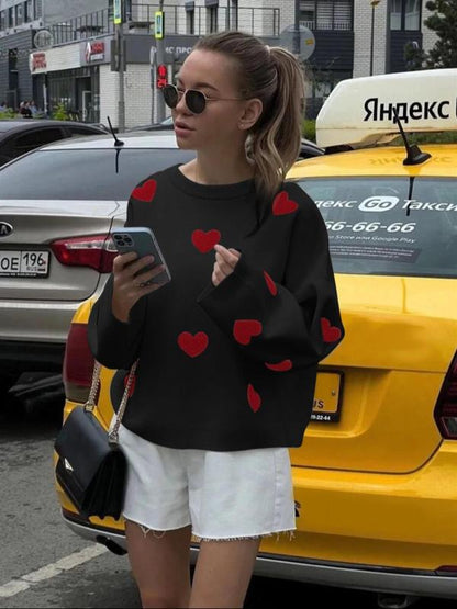Women's Spring Heart Print Long Sleeve Crewneck Knitting Jumper, Comfort Round Neck Sweater for Daily Streetwear,  Tiktop Shop, Lady's Top for Spring - Seldom Seen Styles