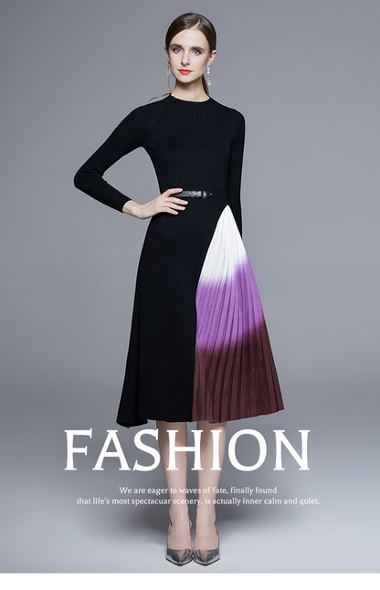 Reese Gradient Patchwork Pleated Midi Dress  Knitted Patchwork Gradient Color Pleated Slim Waist Large Swing Long Dress