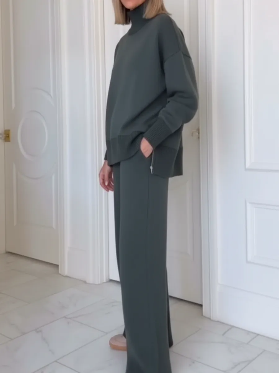 Casual Travel Stand Collar Side Zipper Top Straight Pants Two-Piece Set