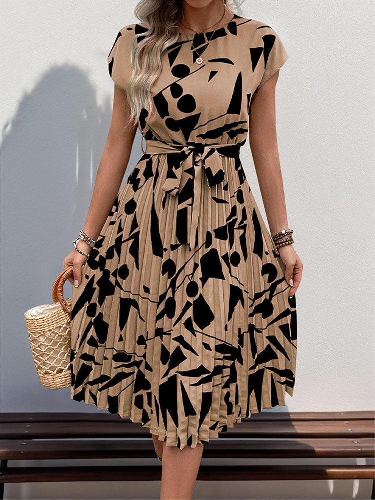 Floral Dress for Women Wedding Guest Crewneck Short Sleeve Casual Summer Dress Tie Waist Midi Flowy Boho Beach Dresses