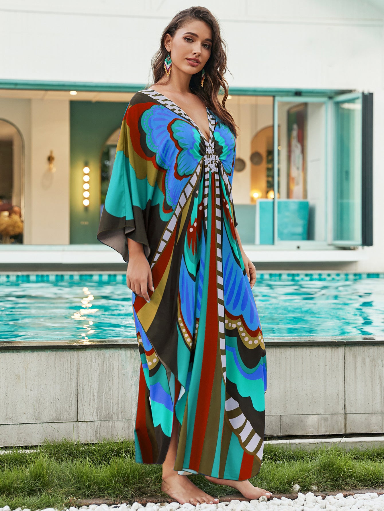 [Plus Size] Butterfly/feather Print Ruched Split Hem Tunic Dress, Valentine's Day Elegant Batwing Sleeve V Neck Long Dress for Summer, Casual Womenswear, Gift, Homecoming Dresses, Women's Clothes for Beach Holiday Vacation, Moo Moo Dresses