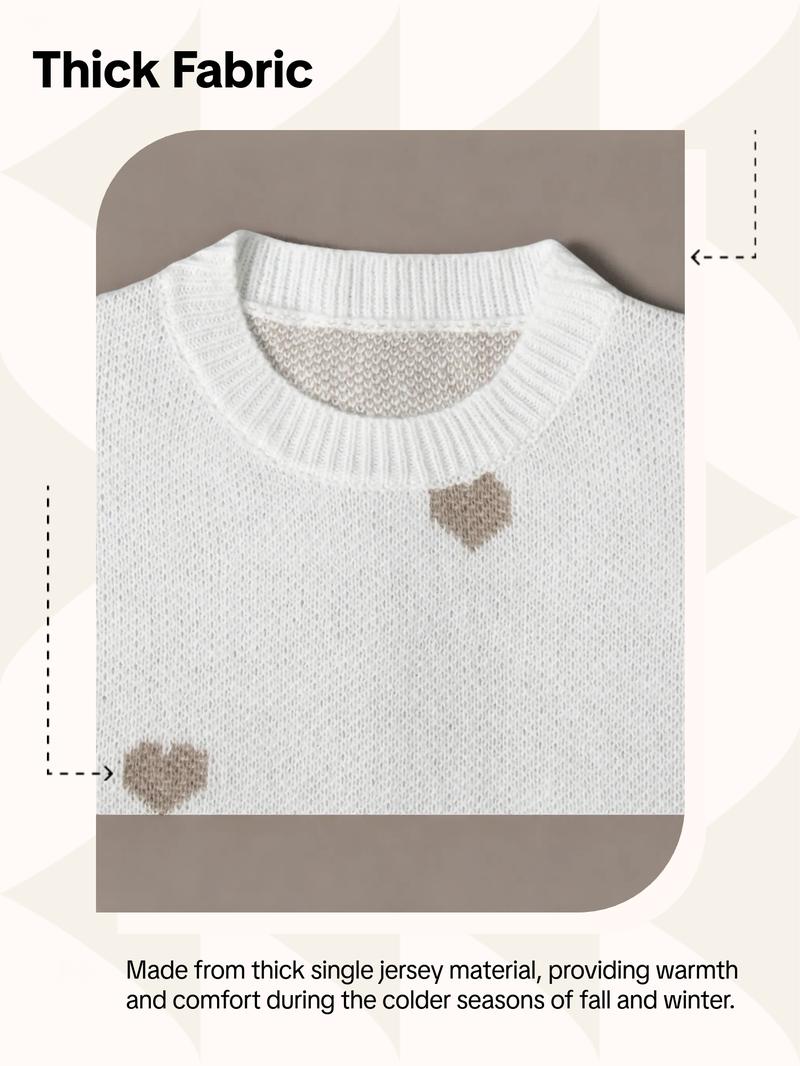 Women's All Over Heart Print Drop Shoulder Sweater, Casual Long Sleeve Round Neck Jumper for Fall & Winter, Fashion Ladies' Knitwear for Daily Wear - Seldom Seen Styles