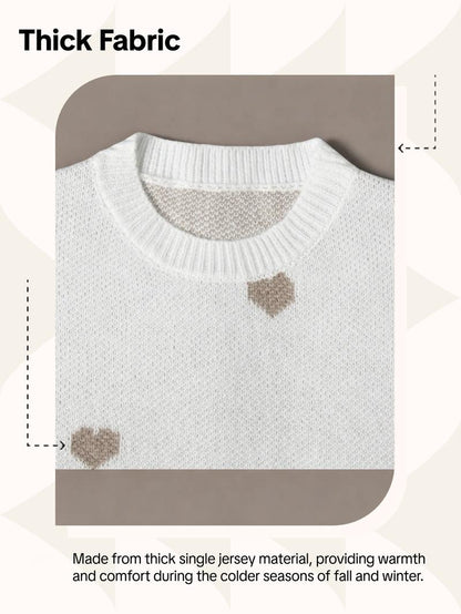Women's All Over Heart Print Drop Shoulder Sweater, Casual Long Sleeve Round Neck Jumper for Fall & Winter, Fashion Ladies' Knitwear for Daily Wear - Seldom Seen Styles