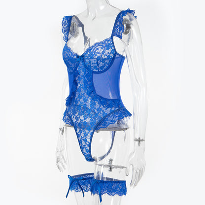 Women Sexy Lingerie Bodysuit Floral Lace Teddy Babydoll Snap Crotch Ruffle One Piece with Thigh Bands