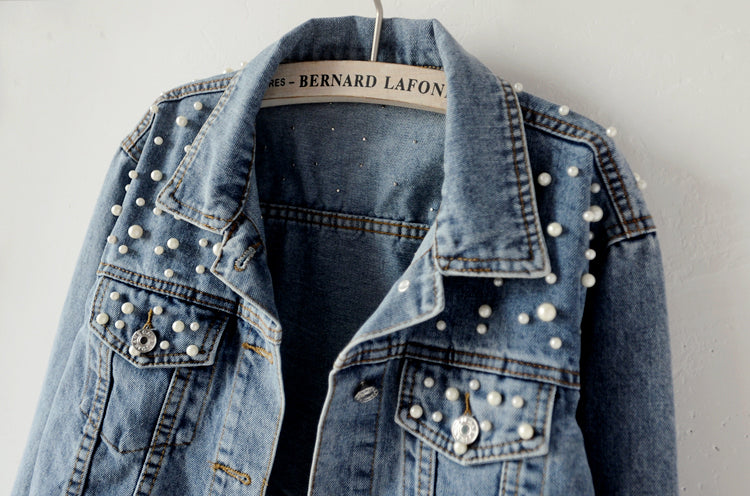 Women's Fashion Loose Embroidered Pearls Beading Cropped Denim Jacket Jean Coat - Seldom Seen Styles