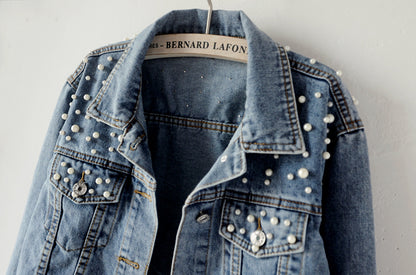 Women's Fashion Loose Embroidered Pearls Beading Cropped Denim Jacket Jean Coat - Seldom Seen Styles